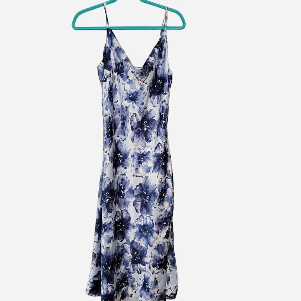 Women's Large White and Blue Floral Slinky Midi Slip Dress 90s Style